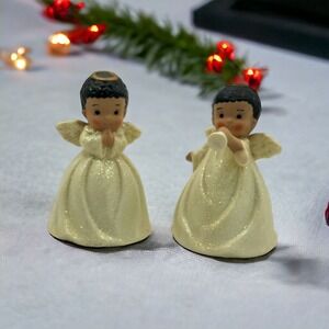African American Angel Bells Figurines Ceramic 3.5in Vintage Set Of Two Bells